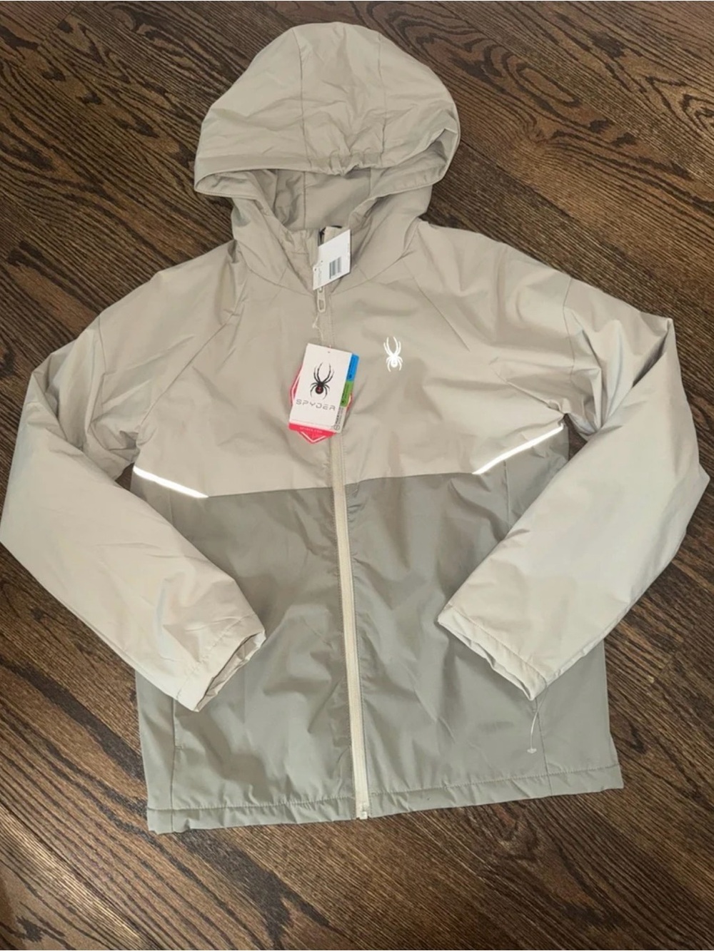 Boys Spyder Kids Two-Tone Hooded Raincoat in Light Beige and Olive Size 12